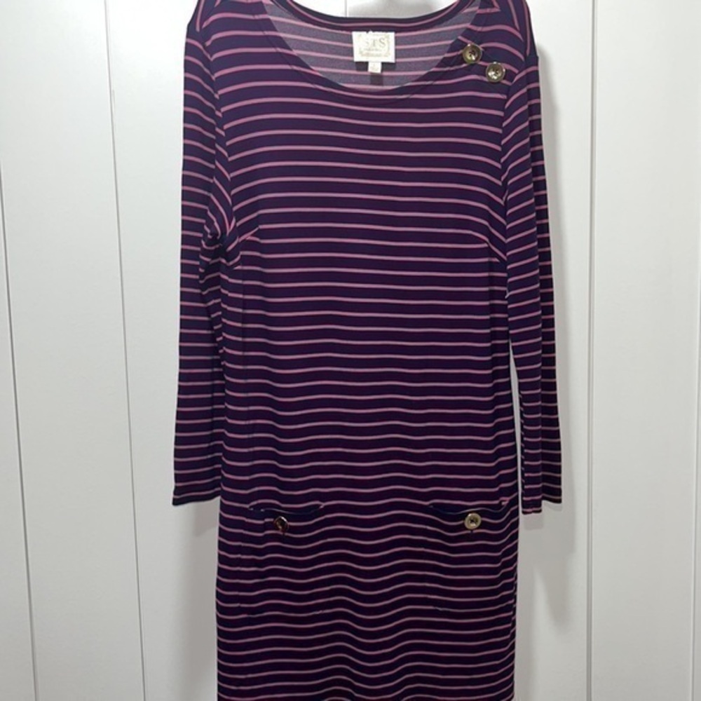 STS Sail to Sable Dress Size L Shift Dress Navy Pink Stripe Gold Buttons Stretch
